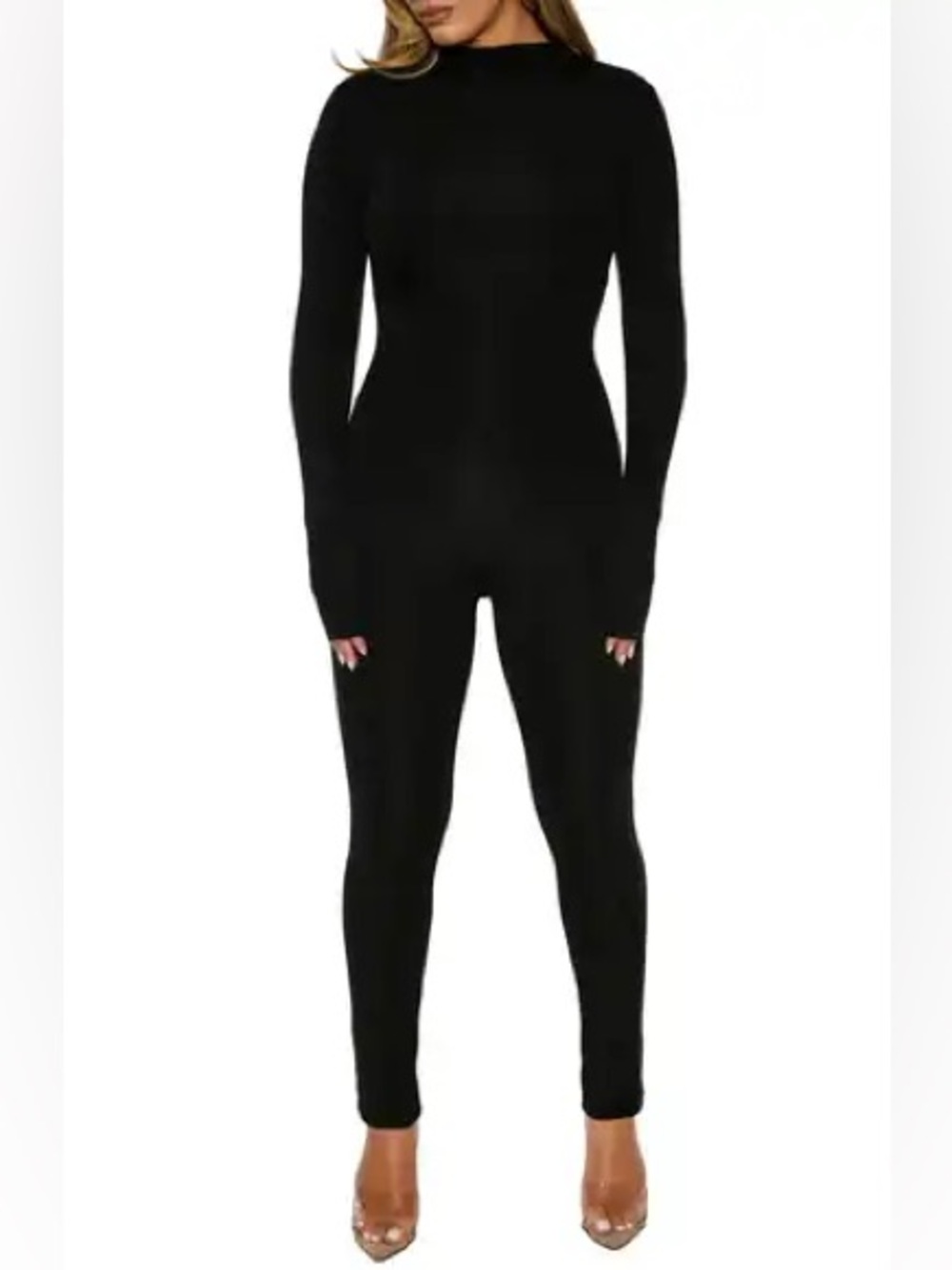 Naked Wardrobe Black Long-Sleeve Fitted Jumpsuit